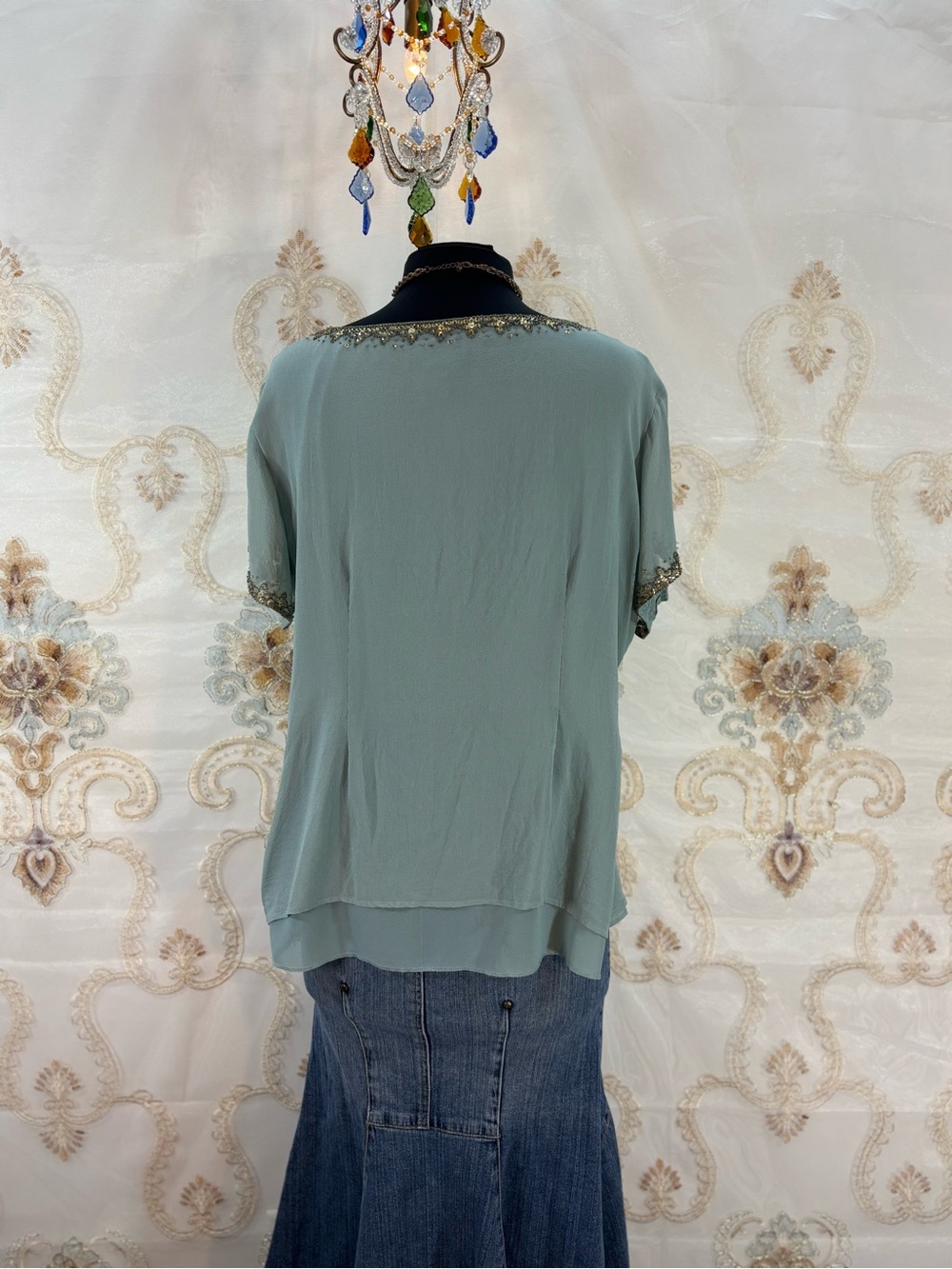 ✨Vintage Y2K Bohemian Silk Seafoam Beaded Fairy Blouse✨ - Picture 5 of 7